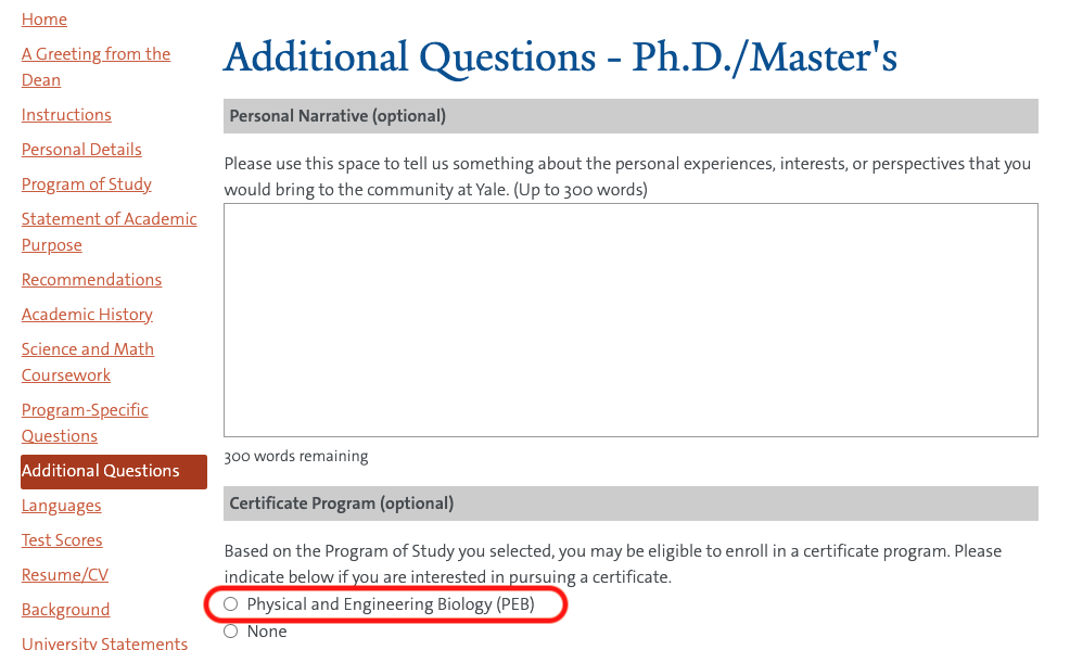 Screenshot of GSAS application page with the "additional questions" tab selected and the PEB program selected under the "Certificate Program" heading