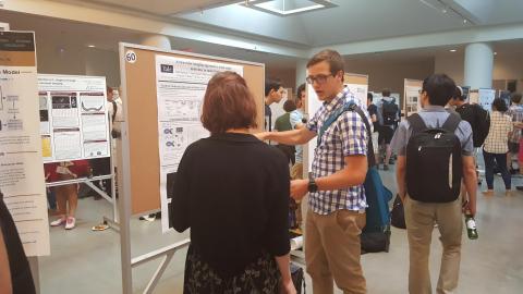 BBSB/PEB student presenting an Integrated Workshop poster on tracking single molecules in an effort to better understand turnover in endocytosis, at the 2016 iPoLS meeting.