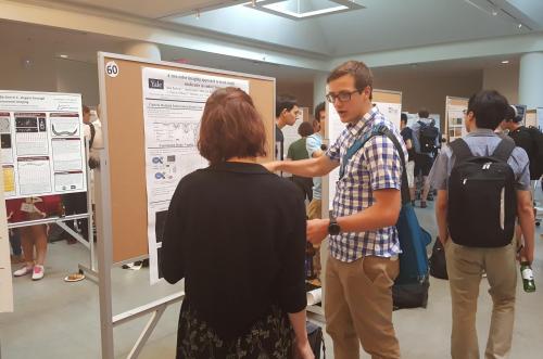 BBSB/PEB student presenting an Integrated Workshop poster on tracking single molecules in an effort to better understand turnover in endocytosis, at the 2016 iPoLS meeting.
